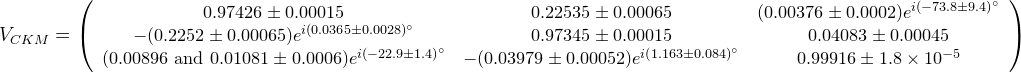 {\small V_{CKM}=\left(\begin{array}{ccc} 0.97426 \pm 0.00015 & 0.22535 \pm 0.00065 & (0.00376 \pm 0.0002)e^{i(-73.8 \pm 9.4)^\circ}\\ -(0.2252 \pm 0.00065)e^{i(0.0365 \pm 0.0028)^\circ} & 0.97345 \pm 0.00015 & 0.04083 \pm 0.00045 \\ (0.00896 \text{ and } 0.01081 \pm 0.0006)e^{i(-22.9 \pm 1.4)^\circ} & -(0.03979 \pm 0.00052)e^{i(1.163 \pm 0.084)^\circ} & 0.99916 \pm 1.8\times 10^{-5}\end{array}\right)}