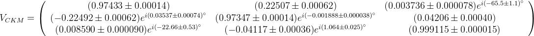V_{CKM}=\left(\begin{array}{ccc} (0.97433 \pm 0.00014) & (0.22507 \pm 0.00062) & (0.003736 \pm 0.000078)e^{i(-65.5 \pm 1.1)^\circ}\\ ( -0.22492 \pm 0.00062)e^{i(0.03537 \pm 0.00074)^\circ} & (0.97347 \pm 0.00014)e^{i(-0.001888 \pm 0.000038)^\circ} & (0.04206 \pm 0.00040) \\ (0.008590 \pm 0.000090)e^{i(-22.66 \pm 0.53)^\circ} & ( -0.04117 \pm 0.00036)e^{i(1.064 \pm 0.025)^\circ} & (0.999115 \pm 0.000015)\end{array}\right)
