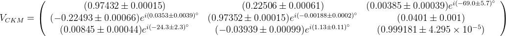 V_{CKM}=\left(\begin{array}{ccc} (0.97432 \pm 0.00015) & (0.22506 \pm 0.00061) & (0.00385 \pm 0.00039)e^{i(-69.0 \pm 5.7)^\circ}\\ ( -0.22493 \pm 0.00066)e^{i(0.0353 \pm 0.0039)^\circ} & (0.97352 \pm 0.00015)e^{i(-0.00188 \pm 0.0002)^\circ} & (0.0401 \pm 0.001) \\ (0.00845 \pm 0.00044)e^{i(-24.3 \pm 2.3)^\circ} & ( -0.03939 \pm 0.00099)e^{i(1.13 \pm 0.11)^\circ} & (0.999181 \pm 4.295\times 10^{-5})\end{array}\right)