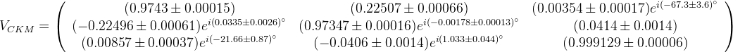 V_{CKM}=\left(\begin{array}{ccc} (0.9743 \pm 0.00015) & (0.22507 \pm 0.00066) & (0.00354 \pm 0.00017)e^{i(-67.3 \pm 3.6)^\circ}\\ ( -0.22496 \pm 0.00061)e^{i(0.0335 \pm 0.0026)^\circ} & (0.97347 \pm 0.00016)e^{i(-0.00178 \pm 0.00013)^\circ} & (0.0414 \pm 0.0014) \\ (0.00857 \pm 0.00037)e^{i(-21.66 \pm 0.87)^\circ} & ( -0.0406 \pm 0.0014)e^{i(1.033 \pm 0.044)^\circ} & (0.999129 \pm 0.00006)\end{array}\right)